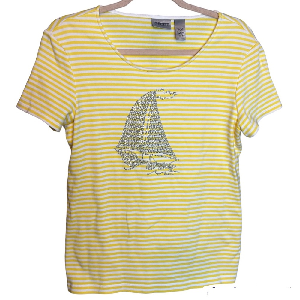 Chico's Yellow and White Striped Studded Sailboat T-Shirt, size Medium (2)